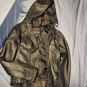 Women's Olive Leather Jacket with Hood